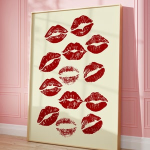 Kisses Print, Kiss Wall Art, Trendy Wall Art, Home Aesthetic, Printable Wall Art, Preppy Poster, Retro Lips Print, Love Wall Art, Red Poster
