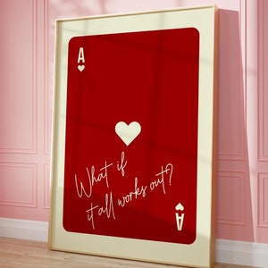 Wat als het allemaal lukt? Print, poster aas, retro speelkaart print, preppy trendy muurkunst, rode poster, esthetiek appartement, liefdescadeau