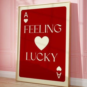 Feeling Lucky-afdruk, retro-speelkaartafdruk, rode trendy muurkunst, kaartposter, esthetiek appartement, bevestigingsposter, preppy poster, ACE