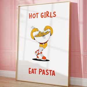 ホットな女の子がパスタを食べるプリント、パスタの壁アート、トレンディなパスタのポスター、レトロなイタリア料理のプリント、バーカートのプリント、美しいキッチンの装飾、ガーリーなアート