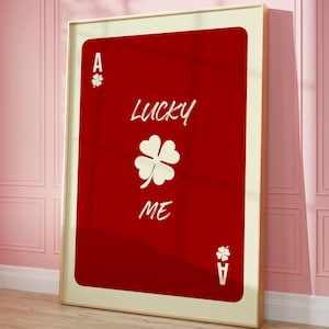 Lucky me print, speelkaart retro print, trendy liefde muurkunst, rode kaart poster, appartement esthetiek, preppy bevestigingsposter, liefdescadeau