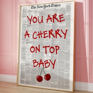 Impressão de cereja no topo, arte de parede de cereja, arte de parede da moda, impressão de jornal retrô, estética doméstica, arte de parede para impressão, pôster preppy, presente de amor
