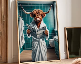 Cow Print,  Highland Cow Poster, Wall Art, Set of 3, Funny Cow Wall Art, Animal in Toilet,Cow Art Print, Digital Print,Funny Bathroom Prints