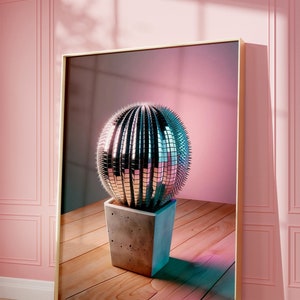 Disco Ball Poster, gespiegelter Kaktus Poster, Funky Disco 70er Jahre Druck, Retro Wandkunst, digitale Kunst, schicke Retro digitale Kunst