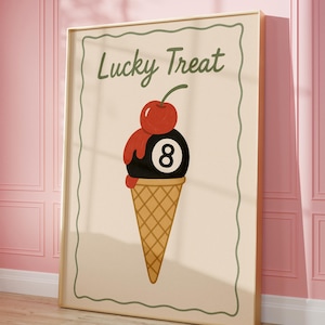 Vintage 8 Billard-Balldruck, Luck 8 Ball Plakat, Eistüte-Plakat, trendige Wandkunst, ästhetischer Schwarzweißdruck, glückliche Leckerei