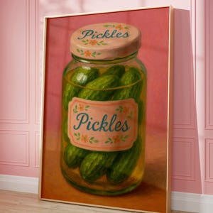 PICKLE Print, Różowy estetyczny wystrój kuchni, Plakat z jedzeniem, Sztuka na kuchennym wózku barowym, Sztuka ścienna do kuchni, Sztuka ścienna Preppy, Wydruk cyfrowy, Plakat dziewczęcy