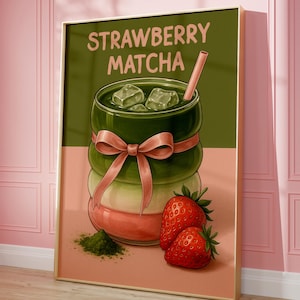 Stampa Matcha alla fragola, stampa artistica Matcha Latte, poster Matcha Latte, stampa giapponese di tè e caffè, arte murale per la cucina, Giappone, carta da parati alla moda