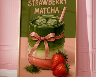 Stampa Matcha alla fragola, stampa artistica Matcha Latte, poster Matcha Latte, stampa giapponese di tè e caffè, arte murale per la cucina, Giappone, carta da parati alla moda