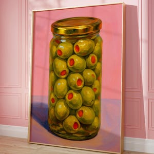 Impresión de aceitunas, póster botánico, arte mural preppy, impresiones artísticas de cocina, impresión de cocina de moda, regalo para amantes de la comida, cóctel, carrito de bar, italiano