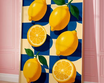Lemons Art Print, Blue Poster, Preppy Citrus Fruit Wall Art, Funky Food Home Decor, Kitchen Wall Decor, Cute Lemon Print, Summer vibes