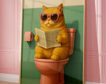 Funny Cat Bathroom Wall Art Print, Cat lovers, Orange Cat Poster, Maximalist Wall Art, Aesthetic Wall Art, Preppy Poster, Skincare Lovers