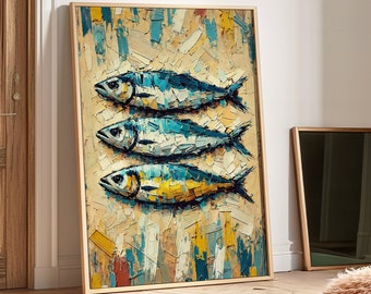 Impresión de sardinas, cartel vintage de sardina, arte retrowall, impresión de pescado, arte de la pared de la cocina, cartel maximalista, impresiones de arte de moda, decoración de la sala de estar
