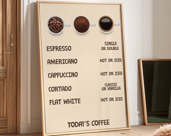 Impresión del menú de café, Impresión de arte del menú de la cafetería, Arte de la pared del café, Arte de la pared de moda, Impresión de descarga digital, Cartel del café, Amante del café, Regalo