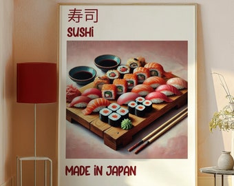 Sushi Print, Sushi Wall Art, Digital Art Download, Pink Kitchen Food Decor, Illustrated food, Kitchen art, Cute Trendy Wall Art