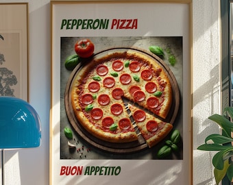 Pizzaposter pepperoni, pizzaprint, maximalistisch decor, trendy muurkunst, retro foodkunst, Italiaanse muurkunst, citaat, pizzaliefhebbers