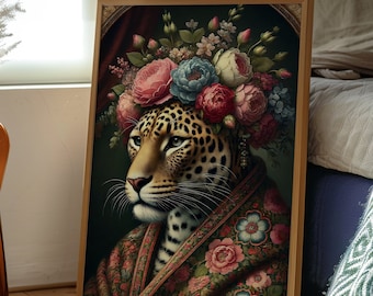 Cheetah Wall Art, Maximalist leopard art print , Cheetah Poster, Trendy Print, flowery vintage floral art, Preppy wall art, fun colourful