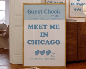 Meet me in Chicago Poster, Guest Check Poster, Aesthetic Preppy Print, Chicago Illinois Print, trendy wall art, Illinois wall art, Printable
