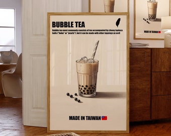Impresión de té de burbujas, impresión de té Boba, arte de cocina, póster de bebida, arte pop, decoración de pared, impresión de té Boba retro, impresión estética de moda, regalo