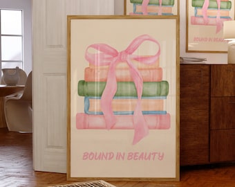 Impresión de libros, pintura de pila de libros, decoración de habitaciones femeninas de acuarela pastel, arte de pared de moda, arte de pared estético coqueta, impresión de amantes de los libros