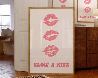 Pink Kiss Wall Art, Pink Art Prints, Aesthetic Wall Art,  Trendy Wall Art, Lips Print, Preppy Girly Wall Print, Xoxo Wall Art Print, Gift