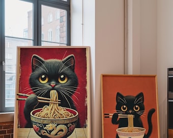 Cute Cat Print, Cat Eating Ramen Wall Art, Maximalist Poster, Trendy Print, Preppy Aesthetic Wall Art, Japanese Poster, Noodle Lover Gift