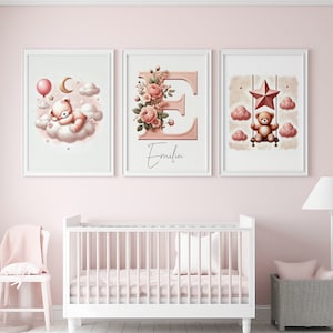 Arte de la pared del vivero, impresión inicial floral personalizada, impresiones personalizadas de flores silvestres, impresión inicial personalizada, conjunto de 3 impresiones digitales, póster para niños