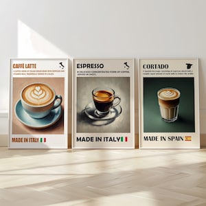 Impresión de café, impresión digital de espresso italiano, juego de 3 impresiones de arte mural de café, arte mural preppy, impresión de descarga digital, póster de café, amante del café