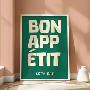 Arte murale Bon Appétit, poster da cucina alla moda, stampa per la cena, stampa di cibo retrò, stampa di carrello bar, decorazione estetica della cucina, arte murale per la cucina