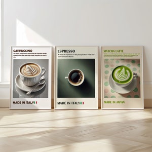 Kaffeedruck, italienischer Espresso Digitaldruck, 3er-Set Kaffeewandkunst, Preppy Wandkunst, Digitaler Download Druck, Kaffee Poster, Matcha Druck