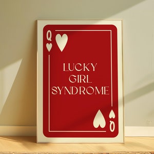Lucky Girl Syndrome print, rode muurkunst, poster koningin, retro speelkaart print, trendy kunst aan de muur, kaart poster, appartement esthetiek, liefdescadeau