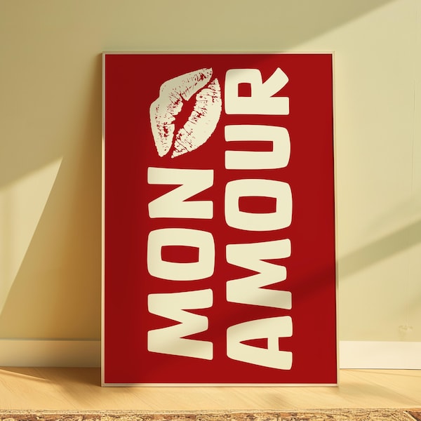Mon amour Poster, Heart Print, Love Wall art, Valentine's Day Print, Gift For Her, Trendy Wall Art,Retro Wall Art,Red Wall Art,Love print