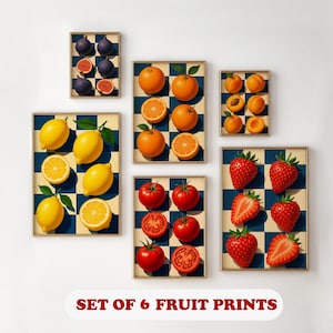 Vintage Fruit Art Print, Set of 6 wall art, Food Wall Art, Fruit Art, Kitchen Wall Decor, Cute Lemon Print, Orange Poster, Digital Print