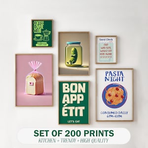 Set van 200 keukenafdrukken, liefde muurkunst, preppy muurkunst, digitale print, barwagen kunstafdruk, esthetische woondecoratie, retro foodprint, girly