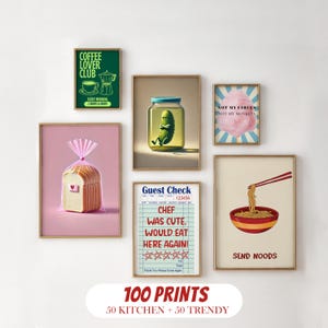 Zestaw 100 wydruków kuchennych, sztuka ścienna do kuchni, sztuka ścienna Preppy, wydruk artystyczny na wózek barowy, estetyczny wystrój kuchni, zabawny plakat retro vintage food