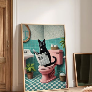 May include: A black cat sitting on a pink toilet in a bathroom with turquoise tiles. The cat is reading a newspaper titled "Cat Claws Tribune".