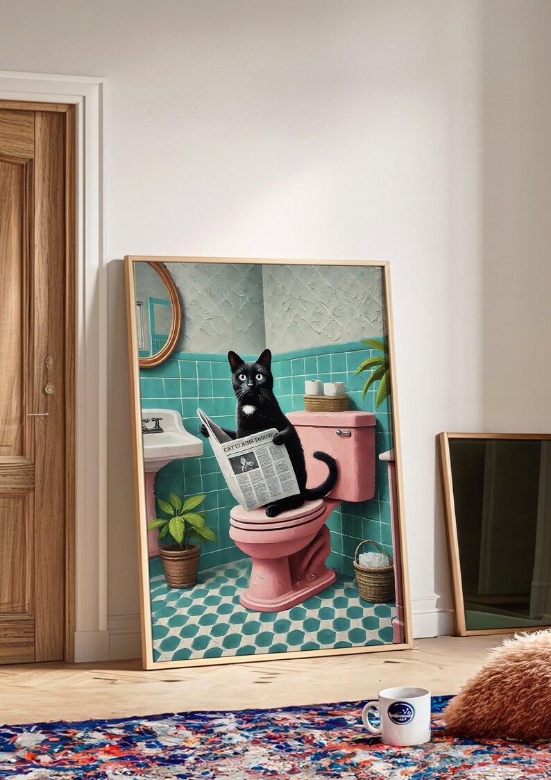 May include: A black cat sitting on a pink toilet in a bathroom with turquoise tiles. The cat is reading a newspaper titled "Cat Claws Tribune".
