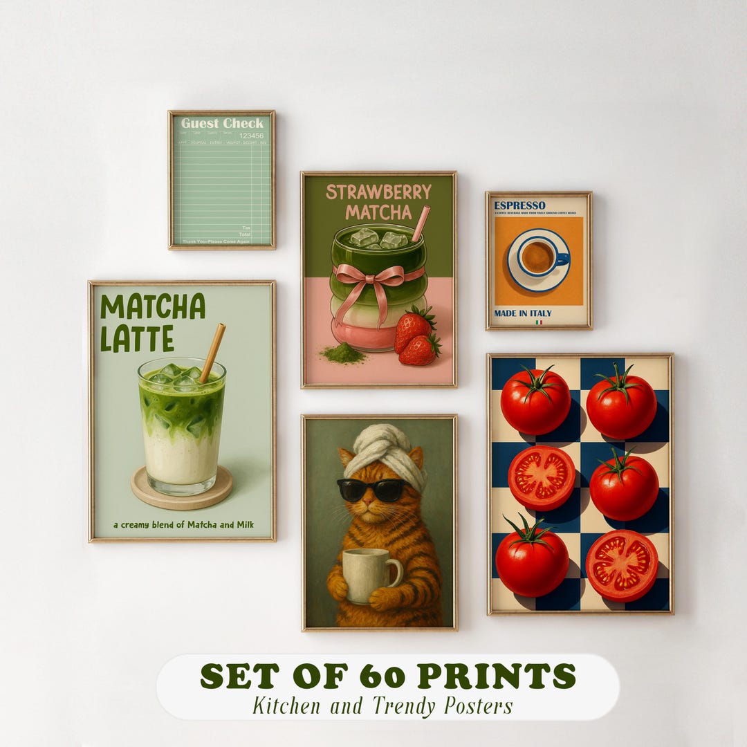 set of 100 kitchen prints, kitchen wall art, preppy... Set of 60 Prints, Kitchen Wall Art, Preppy Wall Art, Digital Print, Bar ...
