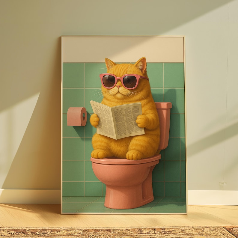 Funny Cat Bathroom Wall Art Print, Cat Lovers, Orange Cat Poster ...