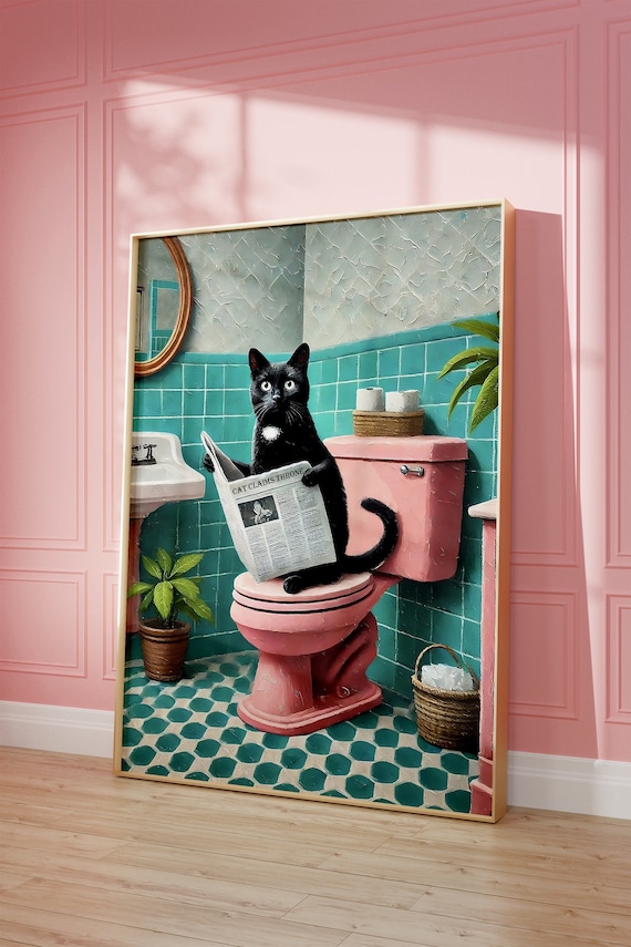 Bathroom Cat Print, funny cat painting, cat mom poster, Cat Wall Art Printable, Cat Wall Art Poster, RESTROOM WALL ART, cute cat print