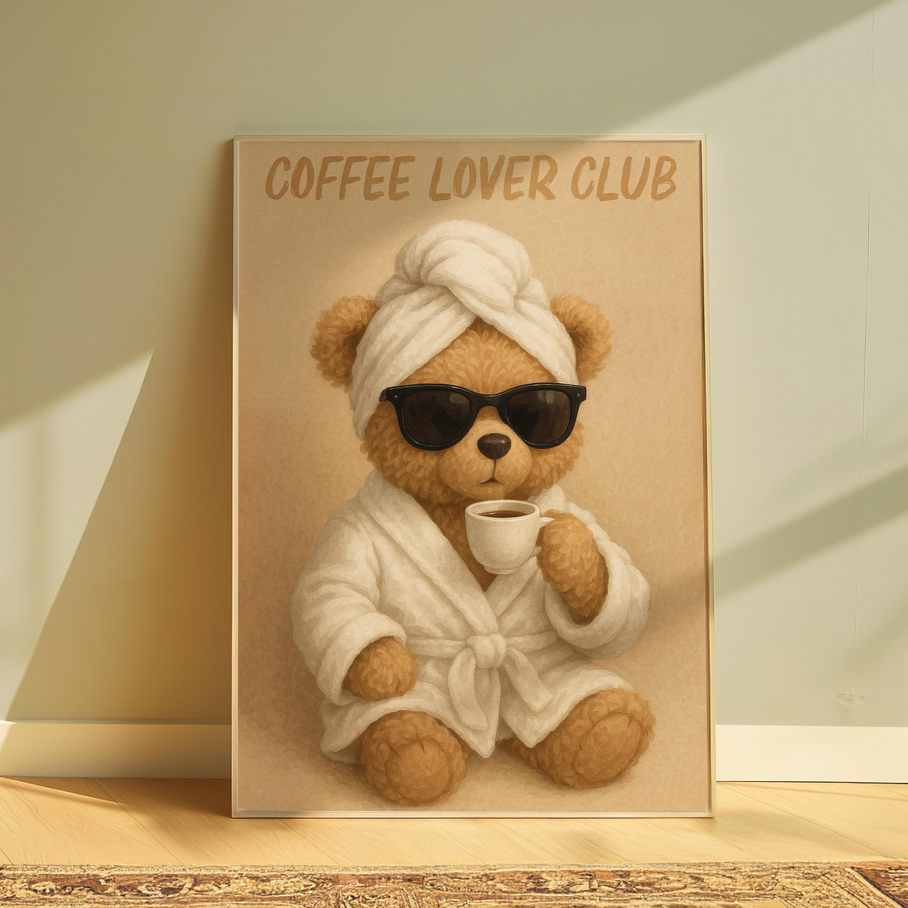 Cute Teddy Bear Poster, Coffee Print, Italian Espresso Digital