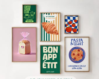 Set of 25 Kitchen Prints, Kitchen Wall Art, Preppy Wall Art, Digital Print, Bar Cart Art Print, Aesthetic Kitchen Decor, Retro food print