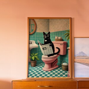 May include: A black cat sitting on a pink toilet in a bathroom with green tile floors. The cat is reading a newspaper titled "Cat Classics Monthly".