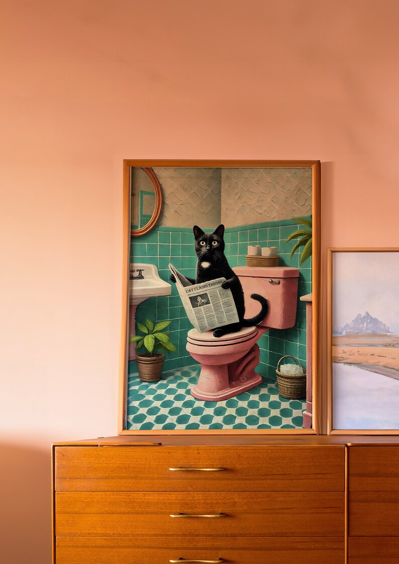 May include: A black cat sitting on a pink toilet in a bathroom with green tile floors. The cat is reading a newspaper titled "Cat Classics Monthly".