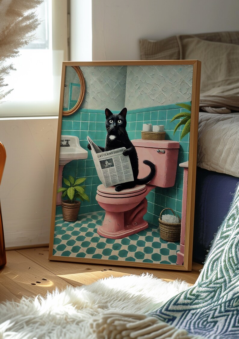 May include: A black cat with a white bib sits on a pink toilet in a bathroom with green tile. The cat is reading a newspaper with the headline "Cat Claims Throne".