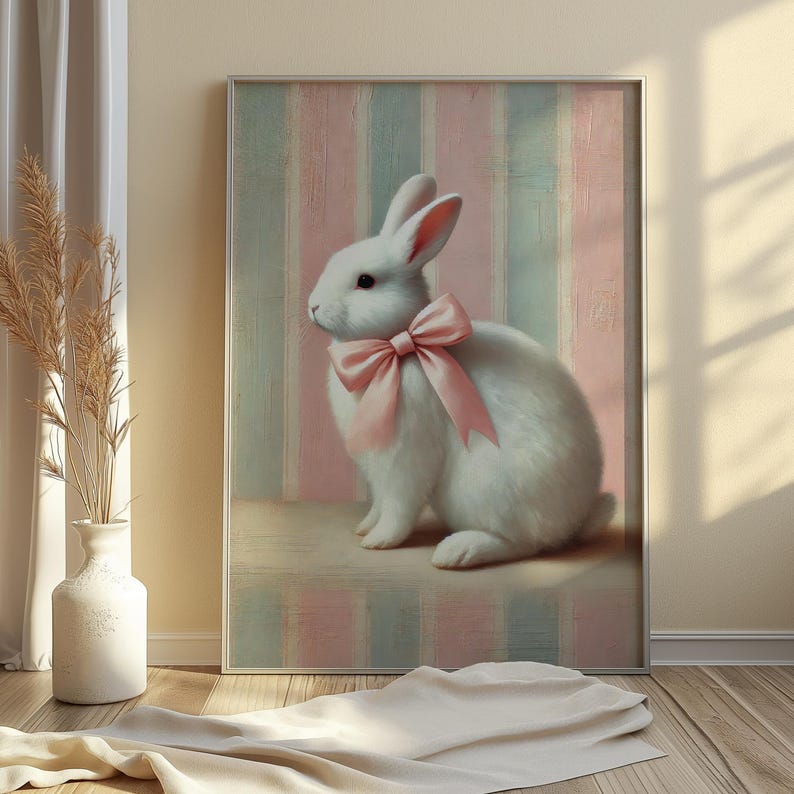 Op de afbeelding: Een wit konijn met een roze strik zit op een gestreepte achtergrond. De achtergrond is pastelroze en blauw.