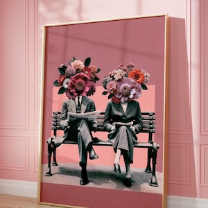 Impresión de pareja, Impresión artística de Bench Blooms, Póster de pareja de los años 70, Arte de pared retro, Obra de arte digital, Arte digital retro elegante