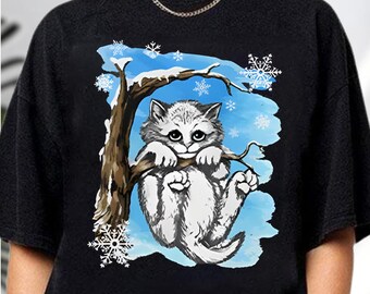 Hang in There Baby Cat T-Shirt, Cute Kitten Snow Winter Shirt, Snowy Tree Branch Hanging Cat Shirt, Motivational Animal Gift, Cute Cat Shirt