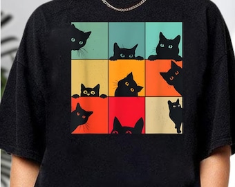 Retro Vintage Black Cats, 80s Style, Cat Owner Funny, Cat Face 70s, Lovely Kitten Tee, Peekaboo Cat Dad Gift, Cat Shirt, Funny Cat Lover Tee