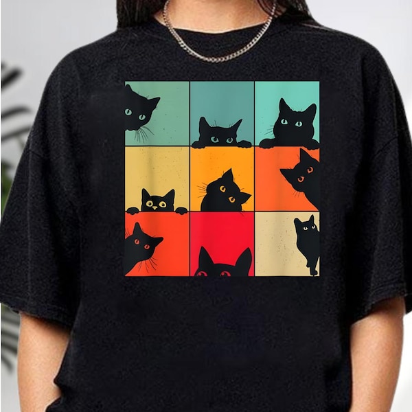 Retro Vintage Black Cats, 80s Style, Cat Owner Funny, Cat Face 70s, Lovely Kitten Tee, Peekaboo Cat Dad Gift, Cat Shirt, Funny Cat Lover Tee