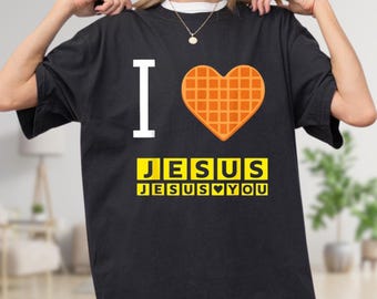 I Love Jesus Waffle Heart Funny Christian Breakfast T-Shirt, Vintage Christian Tee for Men Women, Retro Faith Graphic Tee, Religious Gift